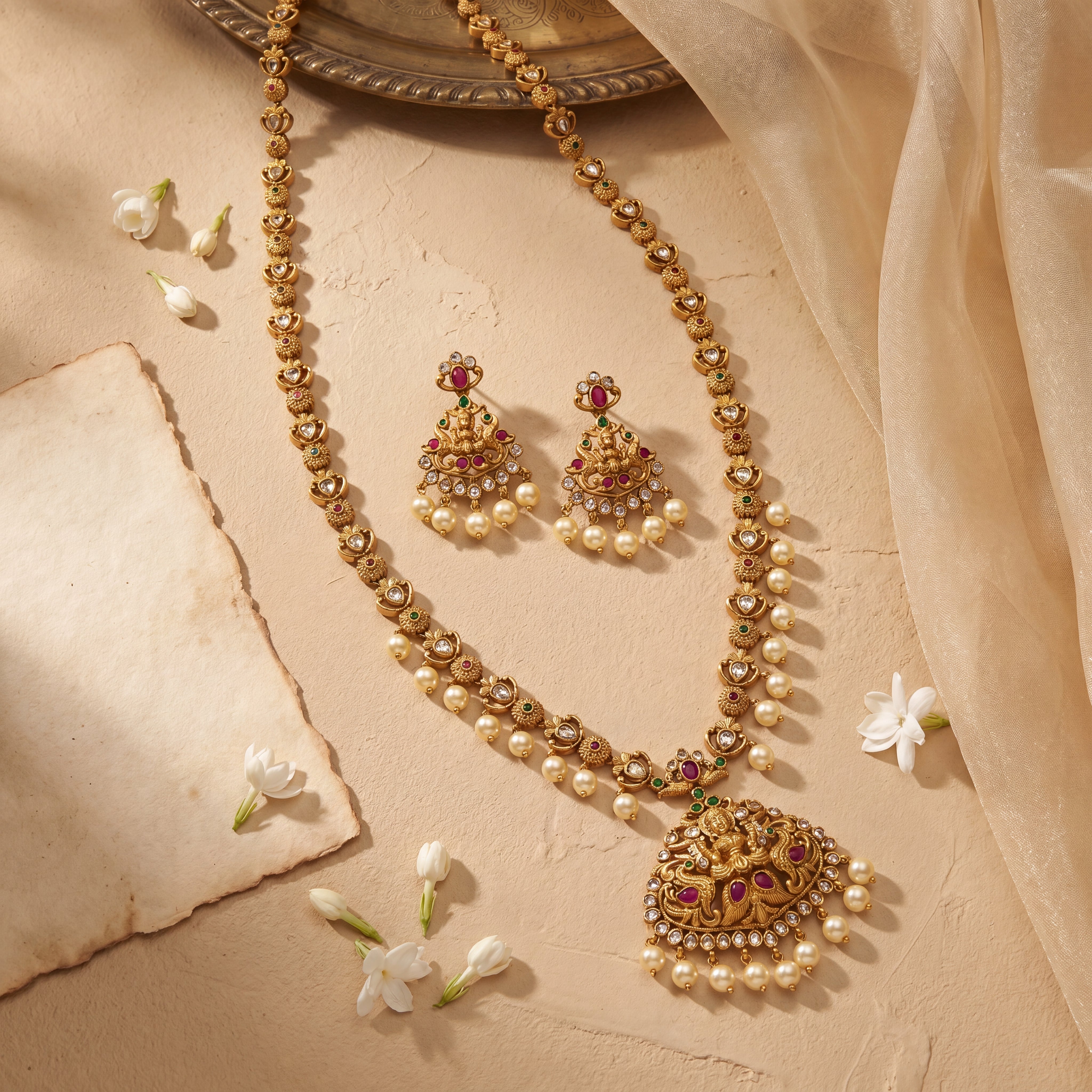 Antique Finish Lakshmi & Paired Peacock Haram Set alternate angle - Avalna